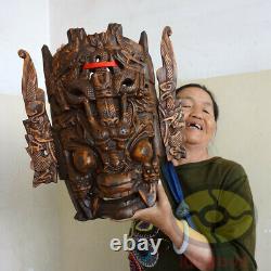 Chinese Folk Art Wood Hand Carved NUO MASK Walldecor-DRAGON KING Deity 17tall