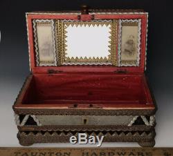 Chip-Carved Folk Tramp Art Box, Signed Paulsen + 2 CdV Photos, Syracuse NY c1900