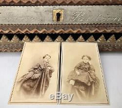 Chip-Carved Folk Tramp Art Box, Signed Paulsen + 2 CdV Photos, Syracuse NY c1900