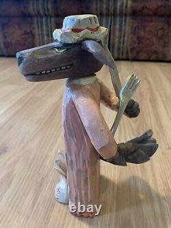 Connie Roberts CAW Wood Carved Big Bad Wolf Whistle Folk Art Figurine Whistle