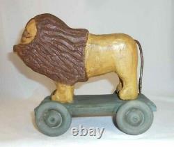 Contemporary Hand Carved Painted Wood Primitive Folk Art Lion Pull Toy on Wheels