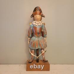 Continental Polychromed Carved Wooden Figure Man Jumping Rope Vintage 20.5 Tall