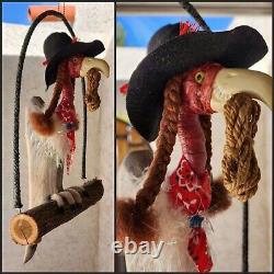 Cowboy Vulture on Swing Creepy Buzzard Carved Wood Folk Art Mobile Primitive Art