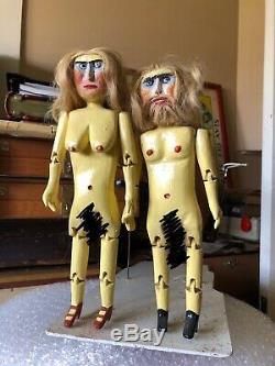 Crazy Vintage Folk Art Carved Jointed Wood Nude Dolls, Dancing, Artist Outsider