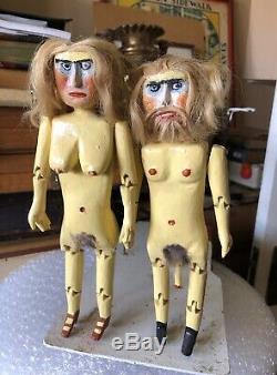 Crazy Vintage Folk Art Carved Jointed Wood Nude Dolls, Dancing, Artist Outsider