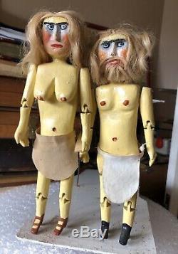 Crazy Vintage Folk Art Carved Jointed Wood Nude Dolls, Dancing, Artist Outsider