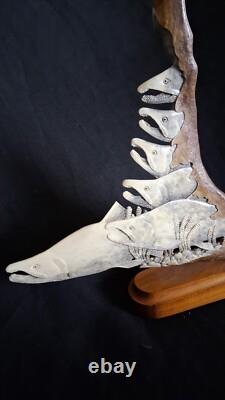 DETAILED Alaska signed Hd Carved Antler Folk Art Carving salmon Fish Scene shed
