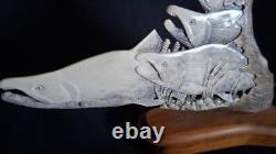 DETAILED Alaska signed Hd Carved Antler Folk Art Carving salmon Fish Scene shed