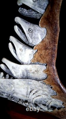 DETAILED Alaska signed Hd Carved Antler Folk Art Carving salmon Fish Scene shed