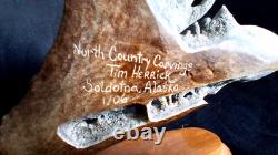 DETAILED Alaska signed Hd Carved Antler Folk Art Carving salmon Fish Scene shed