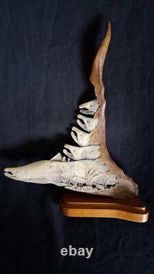 DETAILED Alaska signed Hd Carved Antler Folk Art Carving salmon Fish Scene shed