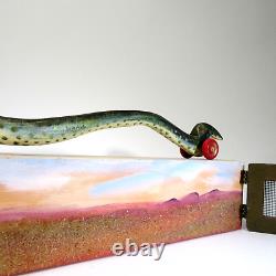 DONA DALTON folk art carved wood WAVY SNAKE @ HOME wooden sculpture toy wheels