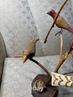 Dan And Barbara Strawser Hand-Carved/Painted Wood Birds In Tree Sculpture-READ