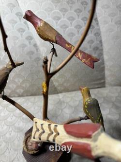 Dan And Barbara Strawser Hand-Carved/Painted Wood Birds In Tree Sculpture-READ