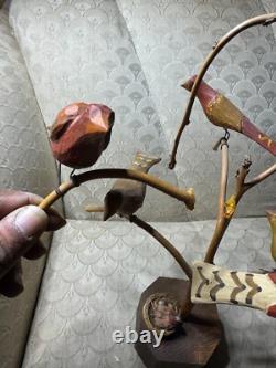 Dan And Barbara Strawser Hand-Carved/Painted Wood Birds In Tree Sculpture-READ