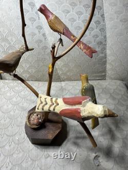 Dan And Barbara Strawser Hand-Carved/Painted Wood Birds In Tree Sculpture-READ