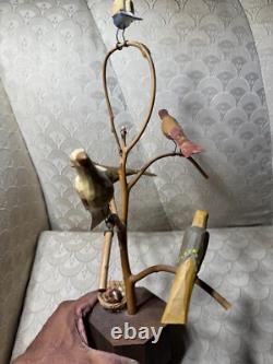 Dan And Barbara Strawser Hand-Carved/Painted Wood Birds In Tree Sculpture-READ