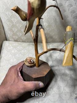 Dan And Barbara Strawser Hand-Carved/Painted Wood Birds In Tree Sculpture-READ