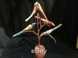 Dan Donna Strawser Carved Wood, Folk Art, Painted Bird Tree, 5 Birds, 1990,16in