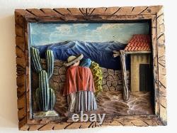 Deep Relief, Hand Carved Mexican Scene Wall Plaque, Vintage, Folk Art
