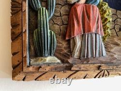 Deep Relief, Hand Carved Mexican Scene Wall Plaque, Vintage, Folk Art