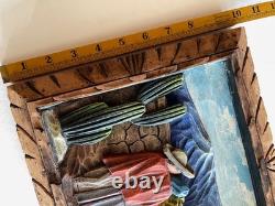 Deep Relief, Hand Carved Mexican Scene Wall Plaque, Vintage, Folk Art