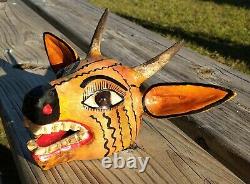 Deer Head Mask Hand Carved Mexican Wooden Carving Figure Folk Art Colorful