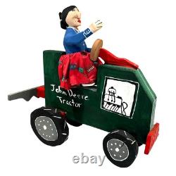 Delbert Buck Navajo Folk Art Wood Carving-Woman and John Deere Tractor-Signed