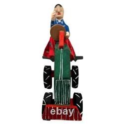 Delbert Buck Navajo Folk Art Wood Carving-Woman and John Deere Tractor-Signed