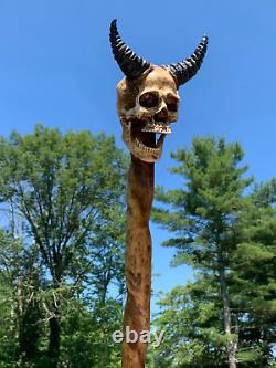 Demon Skull Head Poplar Hand Carved Spiral Walking Stick