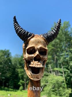 Demon Skull Head Poplar Hand Carved Spiral Walking Stick