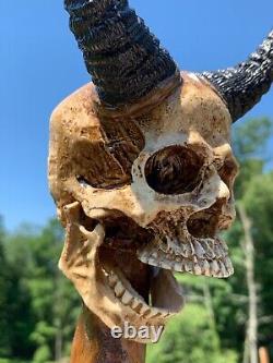 Demon Skull Head Poplar Hand Carved Spiral Walking Stick