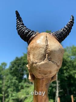 Demon Skull Head Poplar Hand Carved Spiral Walking Stick