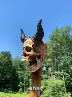 Demon Skull Head Poplar Hand Carved Spiral Walking Stick