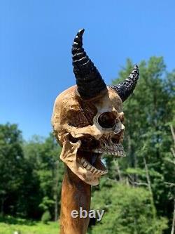 Demon Skull Head Poplar Hand Carved Spiral Walking Stick