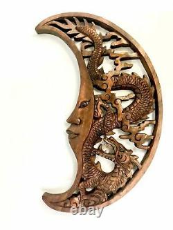 Dragon & Crescent Moon Wall Art Plaque Panel Hand Carved Balinese Wood carving