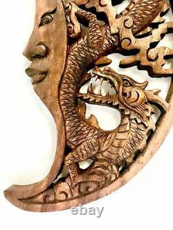 Dragon & Crescent Moon Wall Art Plaque Panel Hand Carved Balinese Wood carving