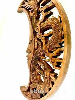 Dragon & Crescent Moon Wall Art Plaque Panel Hand Carved Balinese Wood carving