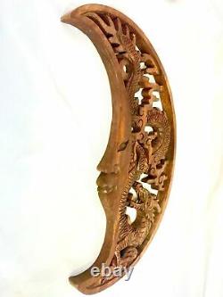 Dragon & Crescent Moon Wall Art Plaque Panel Hand Carved Balinese Wood carving