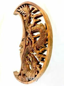 Dragon & Crescent Moon Wall Art Plaque Panel Hand Carved Balinese Wood carving