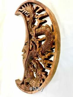 Dragon & Crescent Moon Wall Art Plaque Panel Hand Carved Balinese Wood carving