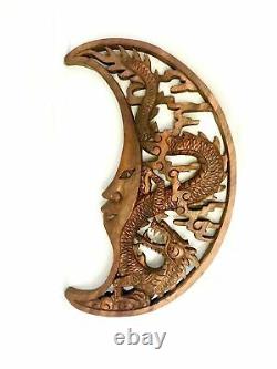 Dragon & Crescent Moon Wall Art Plaque Panel Hand Carved Balinese Wood carving