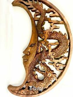 Dragon & Crescent Moon Wall Art Plaque Panel Hand Carved Balinese Wood carving