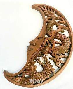 Dragon & Crescent Moon Wall Art Plaque Panel Hand Carved Balinese Wood carving