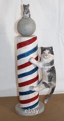 EDEE CARLSON 2002 Hand Carved Wood Folk Art, Cat on Barber Pole with Mouse, 21