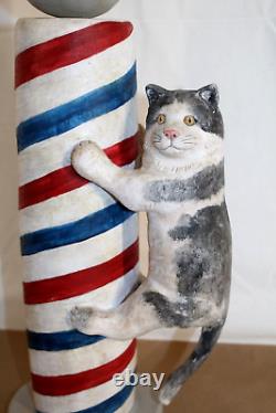 EDEE CARLSON 2002 Hand Carved Wood Folk Art, Cat on Barber Pole with Mouse, 21