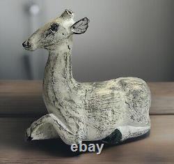 Early 20th Century Folk Art Carved Wood Deer Sculpture 10.5 x 10 Handcarved