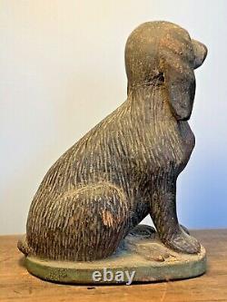 Early 20th Century Folk Art Hand Carved Wood Dog Spaniel Sculpture Painted