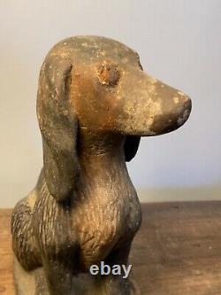 Early 20th Century Folk Art Hand Carved Wood Dog Spaniel Sculpture Painted