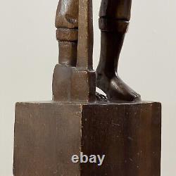 Early 20th Century Folk Art Hand Carved Wood Sculpture of Man with Axe on Plinth